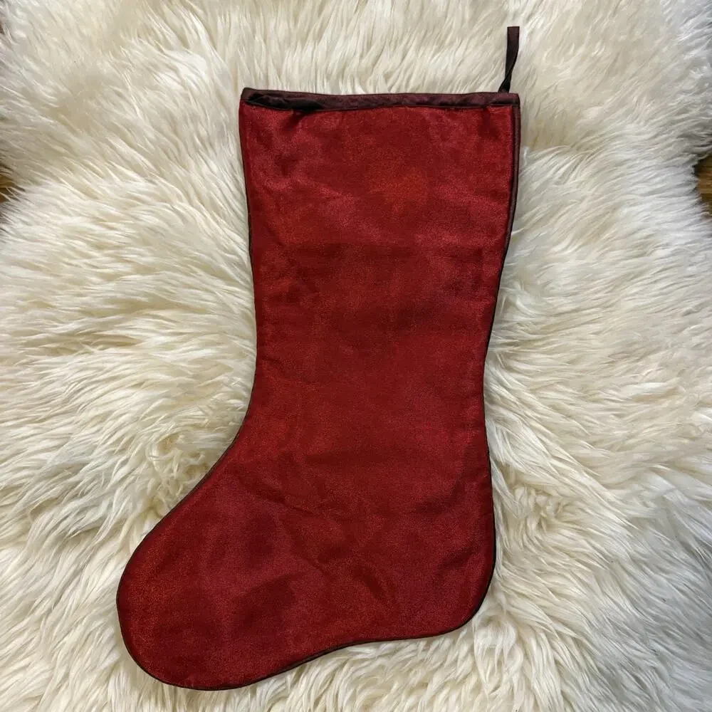 VTG Poinsettia Burgundy Red Christmas Stocking Metallic Thread Nylon Rhinestone